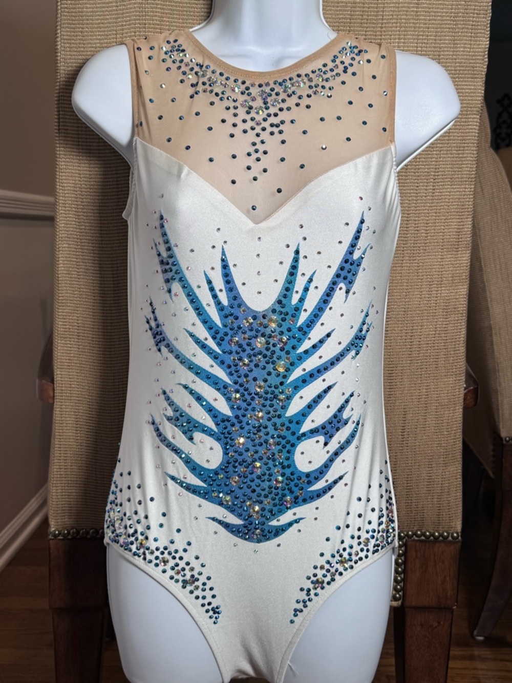 White and Blue Dance Leotard with Crystal Accents and matching headpiece